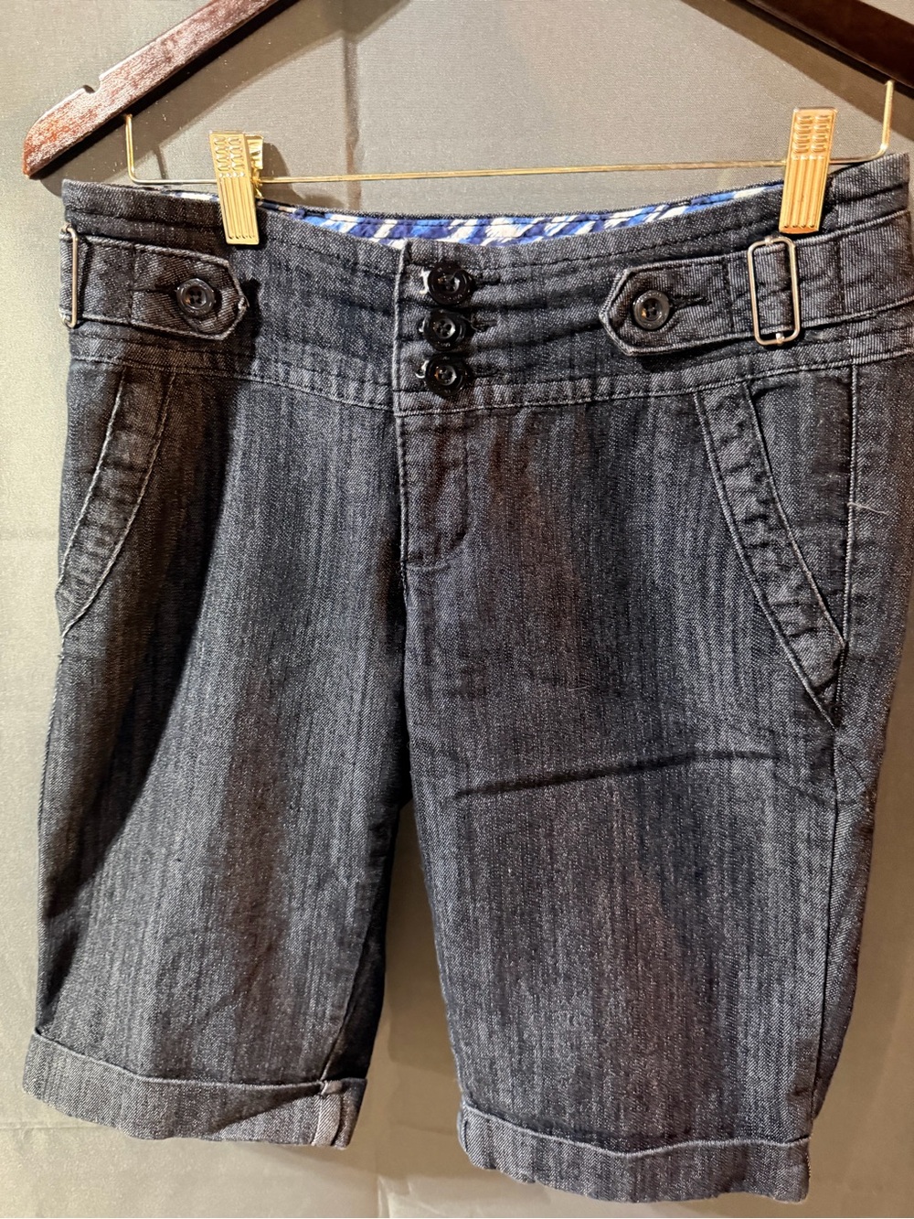 one 5 one Black Gray Denim Bermuda Shorts with Button-Front